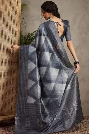 Charcoal ethnic motifs embroidered silk cotton tussar saree