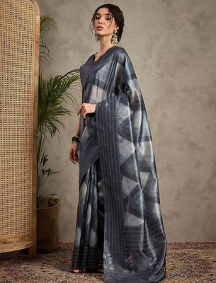Charcoal ethnic motifs embroidered silk cotton tussar saree 3