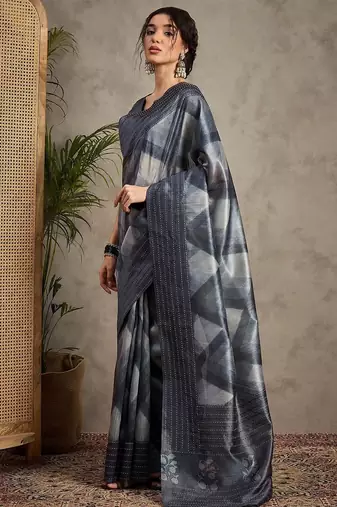 Charcoal ethnic motifs embroidered silk cotton tussar saree