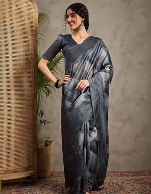 Charcoal ethnic motifs embroidered silk cotton tussar saree 4