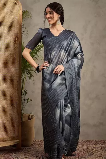 Charcoal ethnic motifs embroidered silk cotton tussar saree