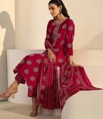 women ethnic motifs printed regular thread work kurta with sharara & with dupatta