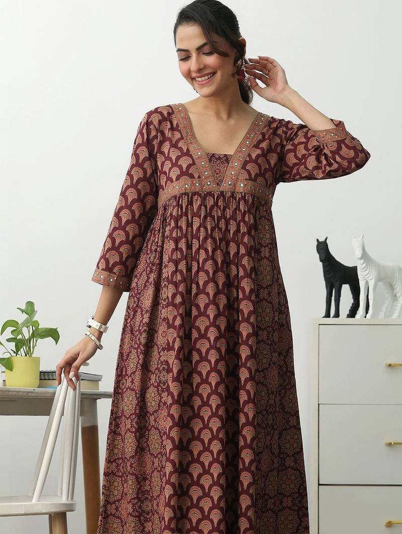 women ethnic motifs printed empire mirror work kurta with trousers
