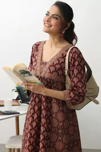 women ethnic motifs printed empire mirror work kurta with trousers