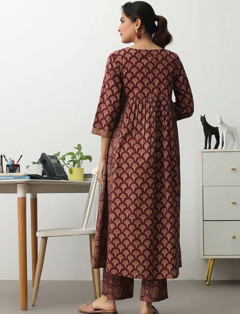 women ethnic motifs printed empire mirror work kurta with trousers