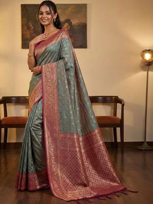 Teal woven design zari silk blend designer banarasi saree 1