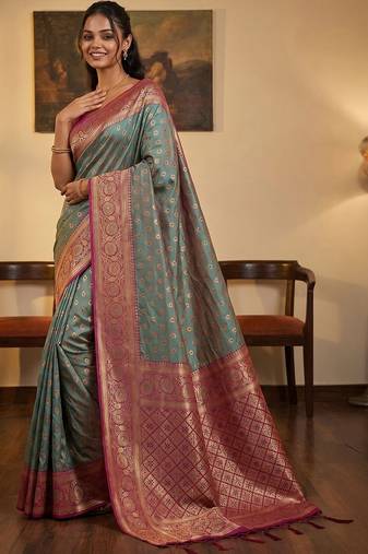 Teal woven design zari silk blend designer banarasi saree
