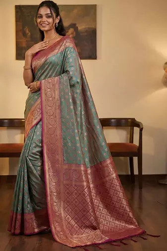 Teal woven design zari silk blend designer banarasi saree