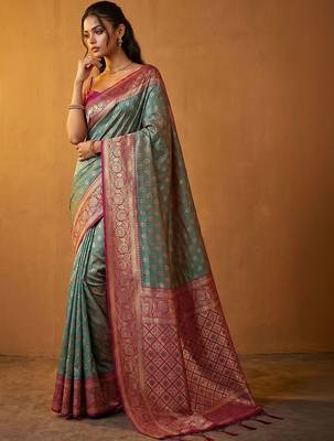 Teal woven design zari silk blend designer banarasi saree 2