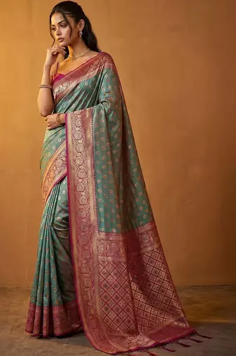 Teal woven design zari silk blend designer banarasi saree