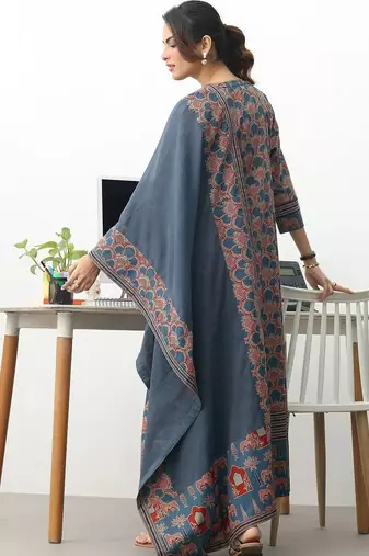 women ethnic motifs printed regular cotton blend kurta with trousers & with dupatta