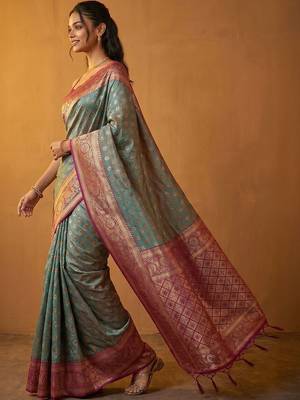 Teal woven design zari silk blend designer banarasi saree 3