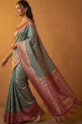 Teal woven design zari silk blend designer banarasi saree