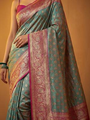 Teal woven design zari silk blend designer banarasi saree 4