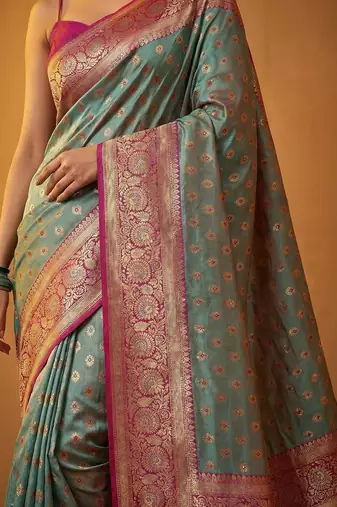 Teal woven design zari silk blend designer banarasi saree
