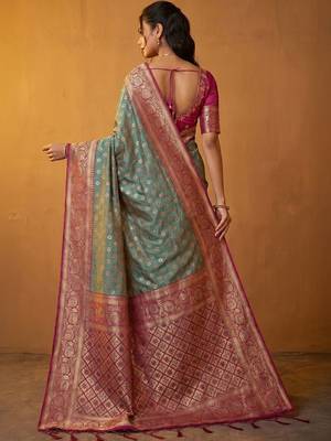 Teal woven design zari silk blend designer banarasi saree 5