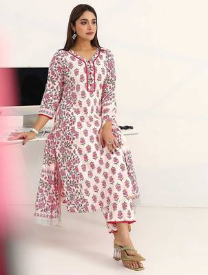 women floral printed regular cotton blend kurta with trousers & with dupatta 1