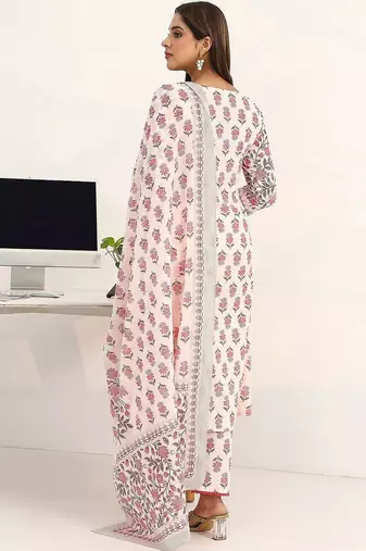 women floral printed regular cotton blend kurta with trousers & with dupatta