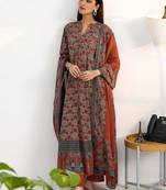 women ethnic motifs printed regular cotton blend kurta with trousers & with dupatta