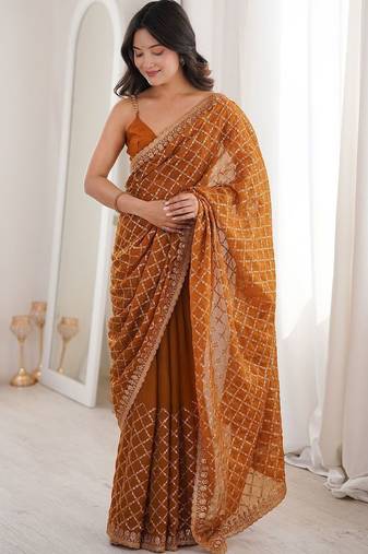 Brown bronze tissue ethnic embellished festive wear matching blouse sarees