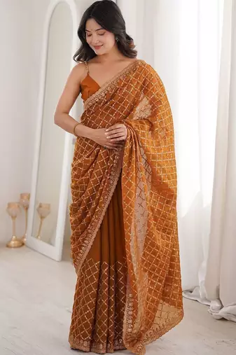 Brown bronze tissue ethnic embellished festive wear matching blouse sarees