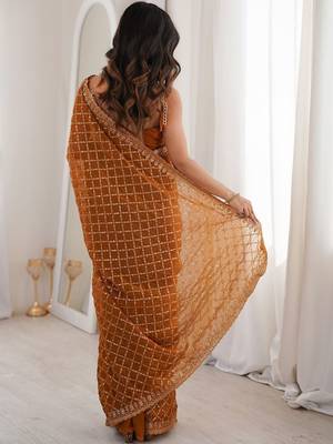 Brown bronze tissue ethnic embellished festive wear matching blouse sarees 2