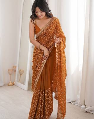 Brown bronze tissue ethnic embellished festive wear matching blouse sarees 3