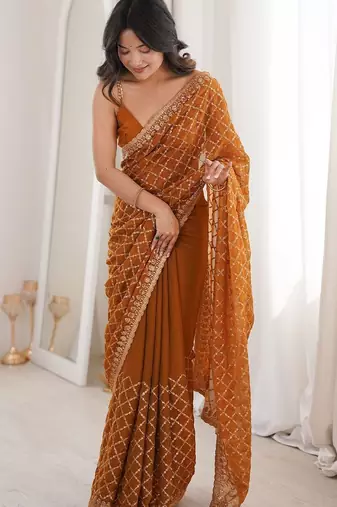Brown bronze tissue ethnic embellished festive wear matching blouse sarees