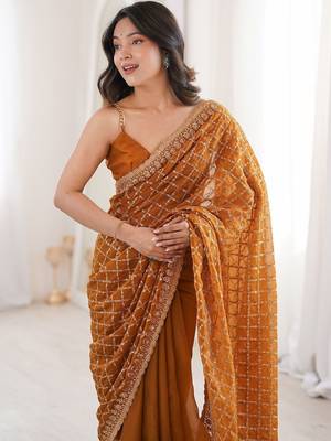 Brown bronze tissue ethnic embellished festive wear matching blouse sarees 4