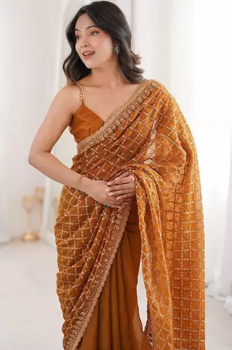 Brown bronze tissue ethnic embellished festive wear matching blouse sarees