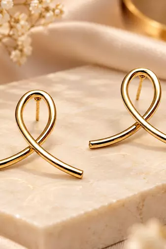Gold-tone ribbon loop stud earrings, anti-tarnish jewellery
