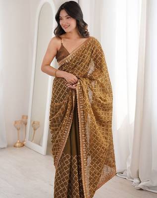 Brown olive tissue ethnic embellished festive wear matching blouse sarees 1