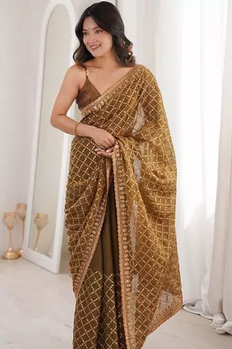 Brown olive tissue ethnic embellished festive wear matching blouse sarees
