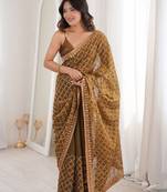 Brown olive tissue ethnic embellished festive wear matching blouse sarees