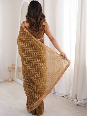 Brown olive tissue ethnic embellished festive wear matching blouse sarees 2