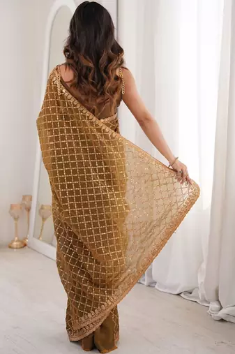 Brown olive tissue ethnic embellished festive wear matching blouse sarees