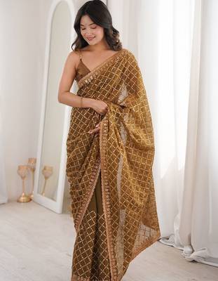 Brown olive tissue ethnic embellished festive wear matching blouse sarees 3