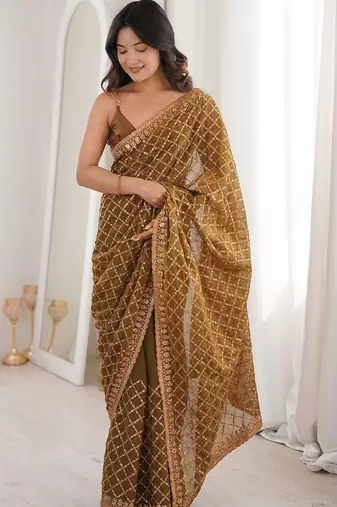 Brown olive tissue ethnic embellished festive wear matching blouse sarees