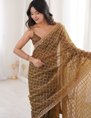 Brown olive tissue ethnic embellished festive wear matching blouse sarees 4