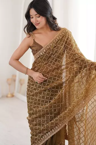Brown olive tissue ethnic embellished festive wear matching blouse sarees