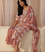 rust red floral printed cotton straight suit set