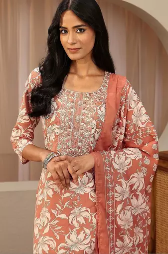 rust red floral printed cotton straight suit set