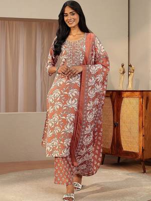 rust red floral printed cotton straight suit set 3