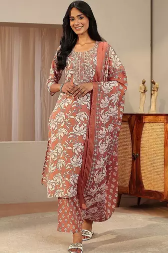 rust red floral printed cotton straight suit set