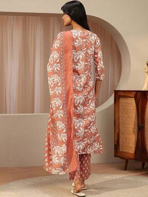 rust red floral printed cotton straight suit set 5