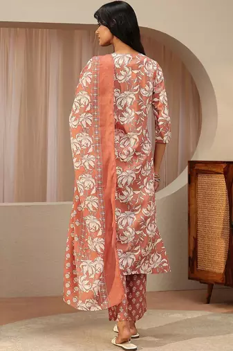 rust red floral printed cotton straight suit set