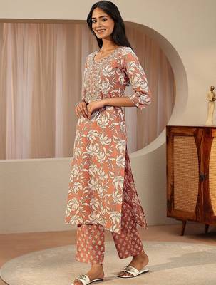 rust red floral printed cotton straight suit set 6