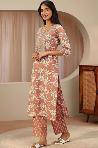 rust red floral printed cotton straight suit set