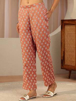 rust red floral printed cotton straight suit set 7