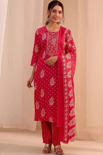 women ethnic motifs printed regular kurta with trousers & with dupatta